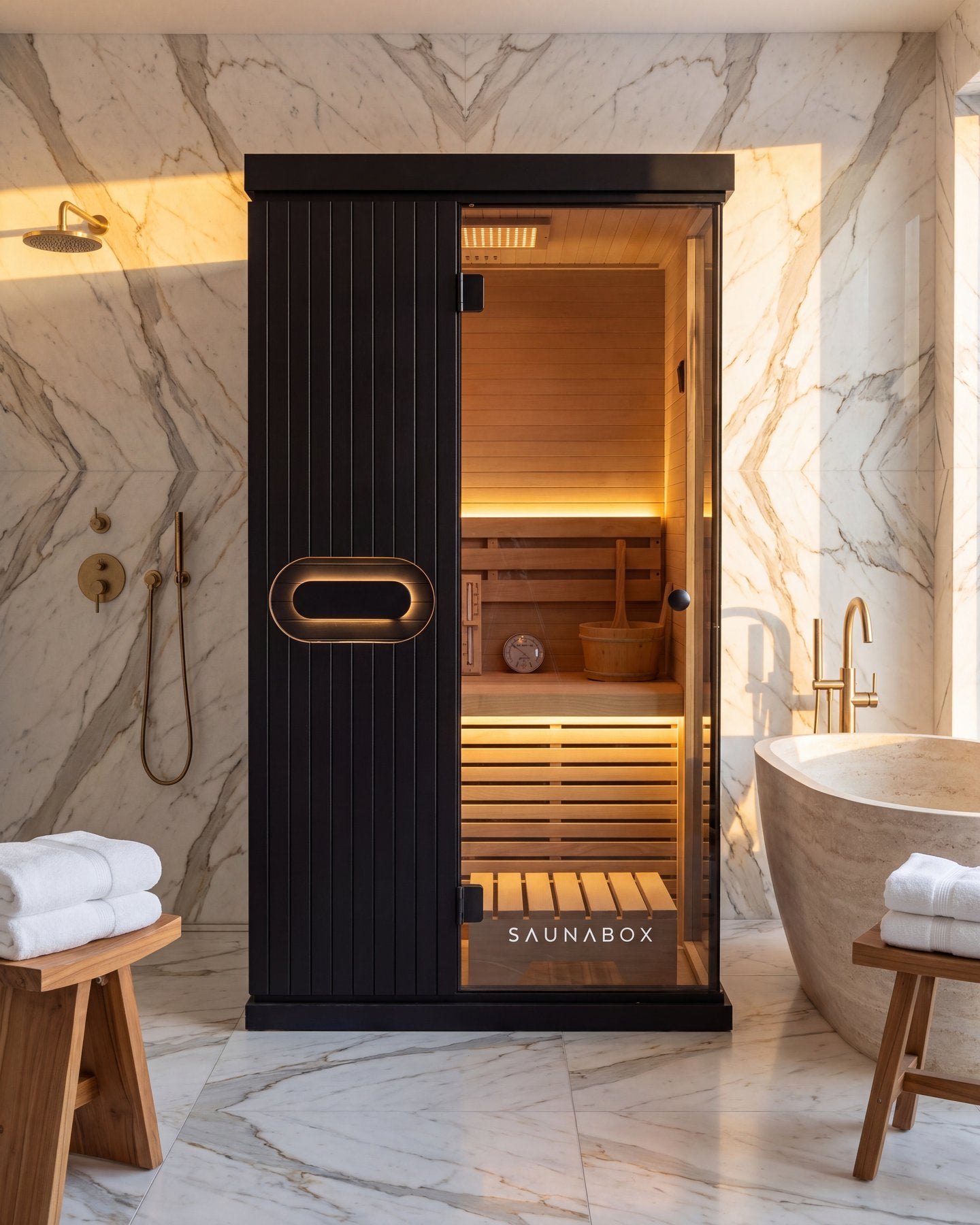 Forge Indoor, front view, in a marble bathroom