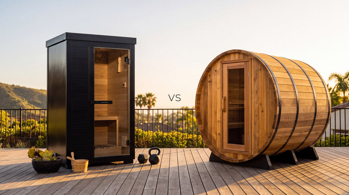 SaunaBox Forge one-person outdoor traditional sauna beside a two-person cedar barrel sauna on a deck