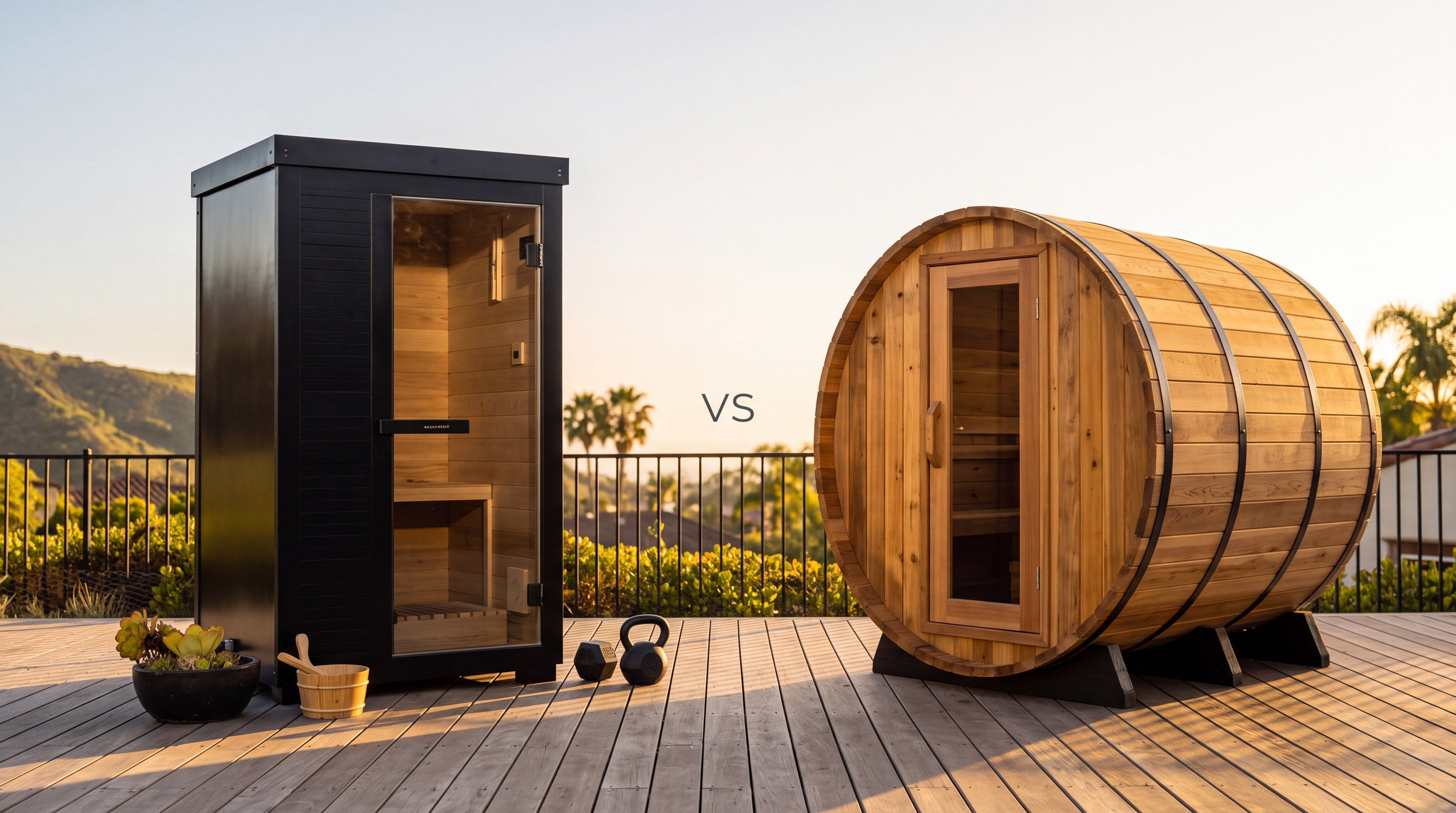 SaunaBox Forge one-person outdoor traditional sauna beside a two-person cedar barrel sauna on a deck