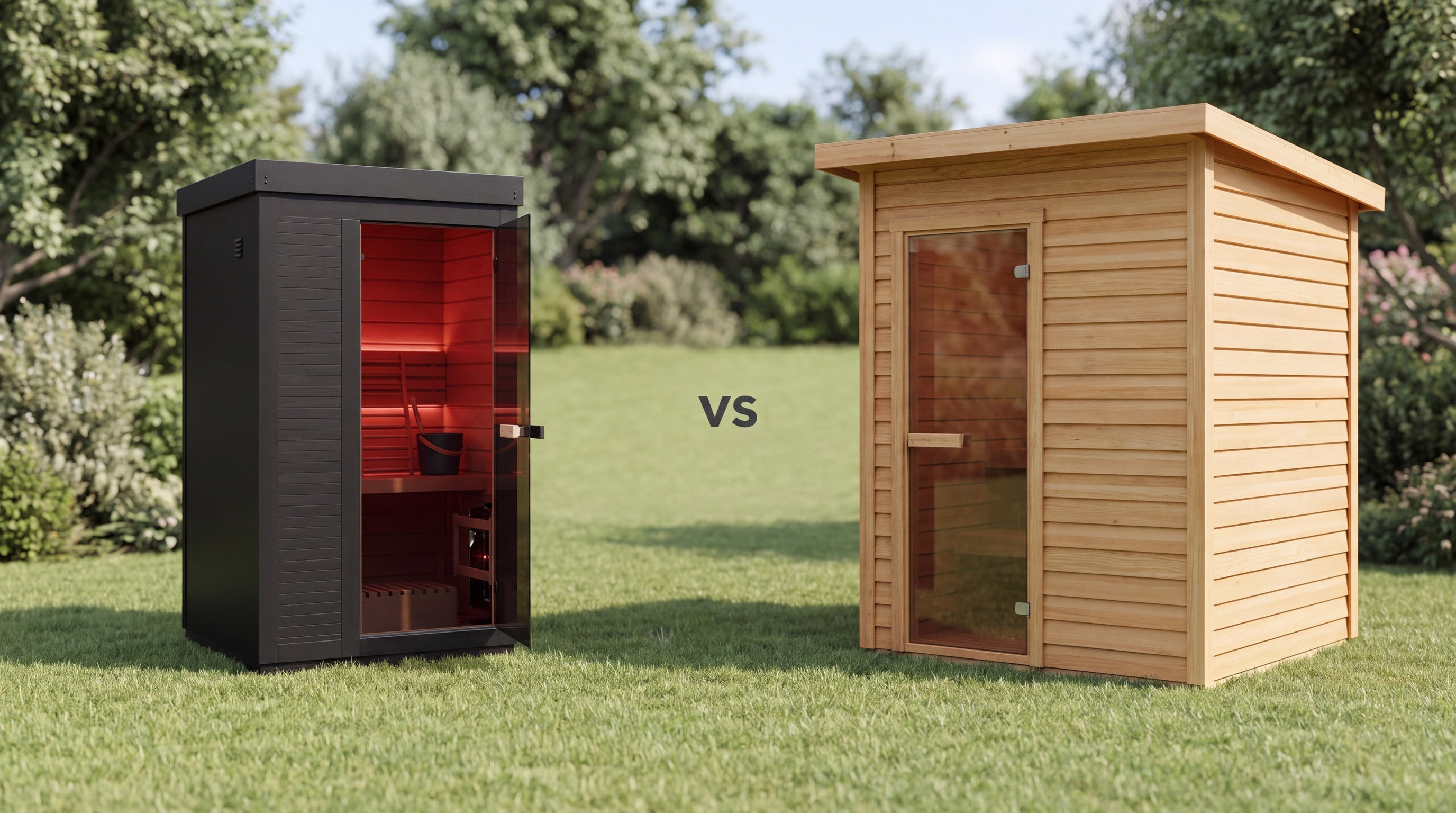 SaunaBox Forge next to the Dundalk Canadian Timber Luna outdoor sauna