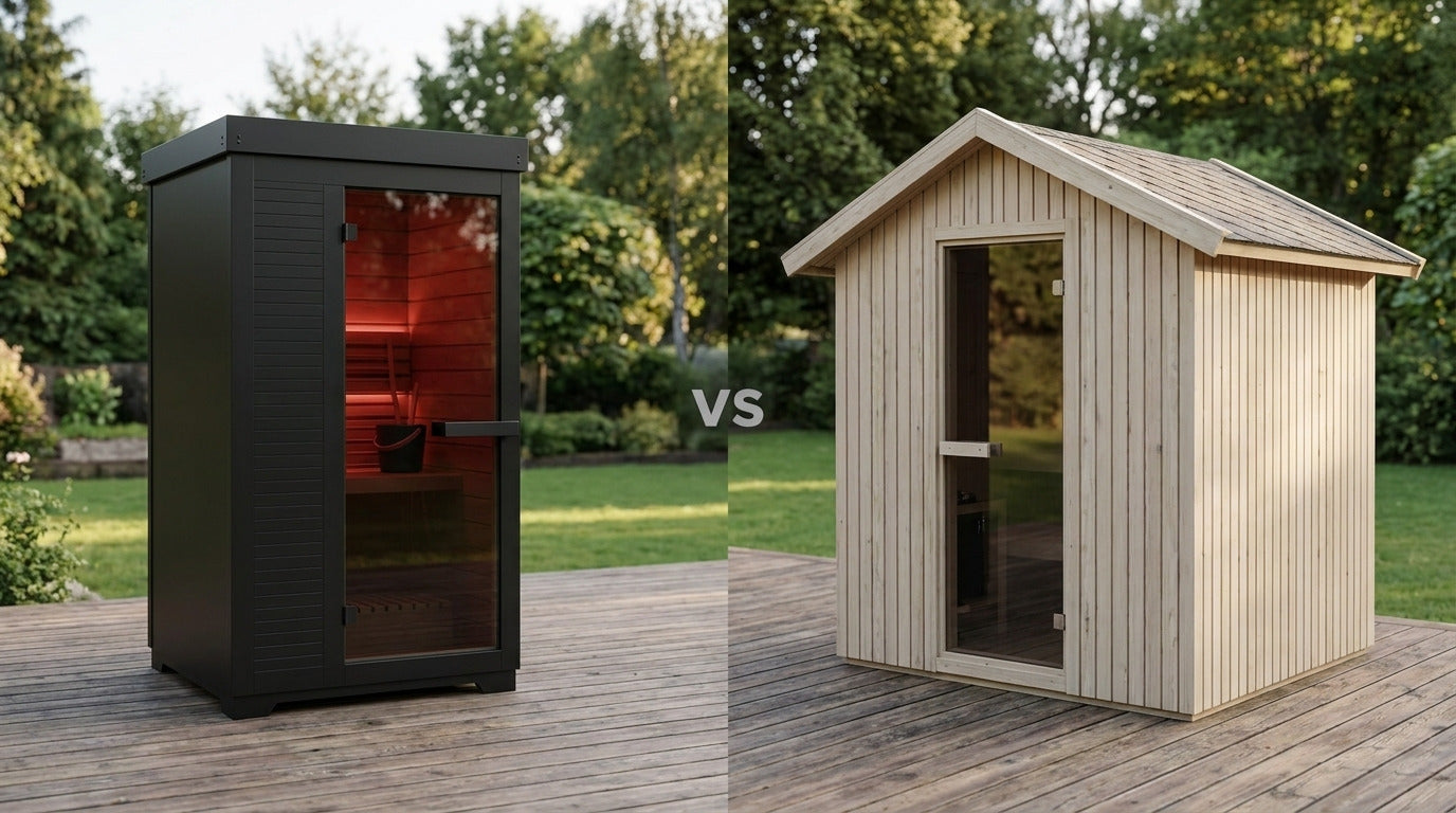 SaunaBox Forge compact matte black outdoor traditional sauna beside a wider thermowood outdoor sauna cabin on a garden deck