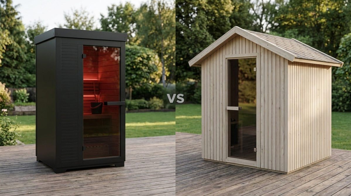 SaunaBox Forge compact matte black outdoor traditional sauna beside a wider thermowood outdoor sauna cabin on a garden deck