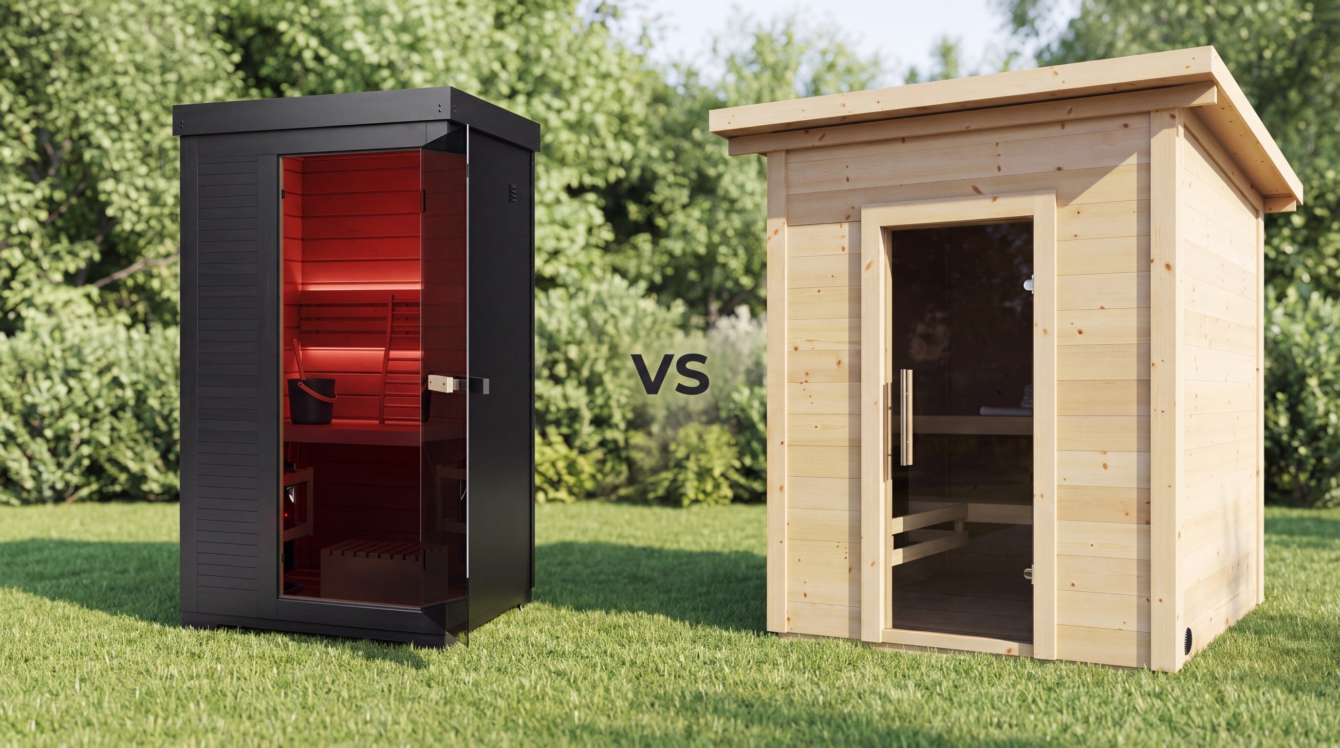 SaunaBox Forge one-person traditional outdoor sauna beside the wider SaunaLife Model G2 timber outdoor sauna on a lawn
