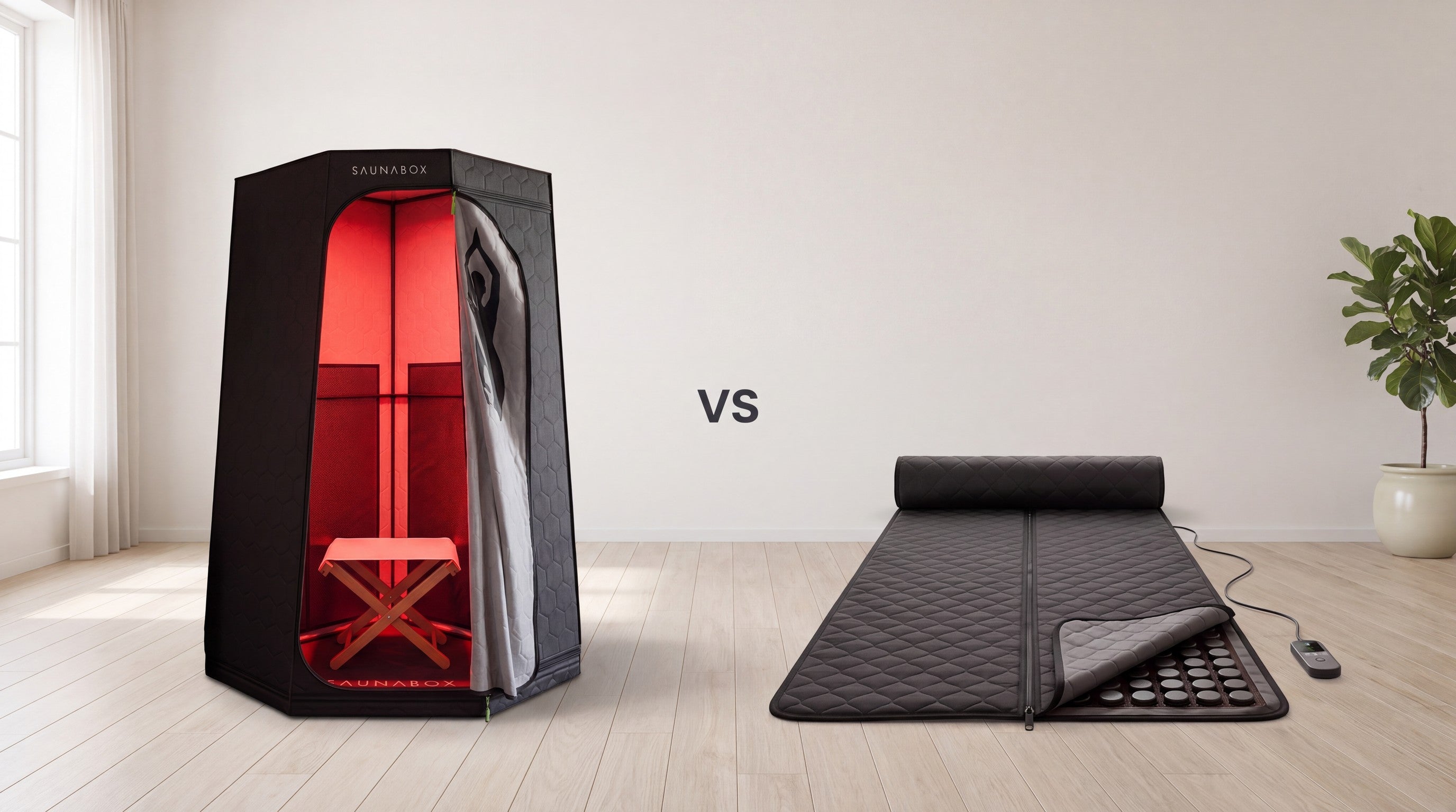 SaunaBox Pulse PRO upright portable infrared sauna tent beside the Heat Healer infrared sauna blanket lying flat on the floor of a bright minimal room