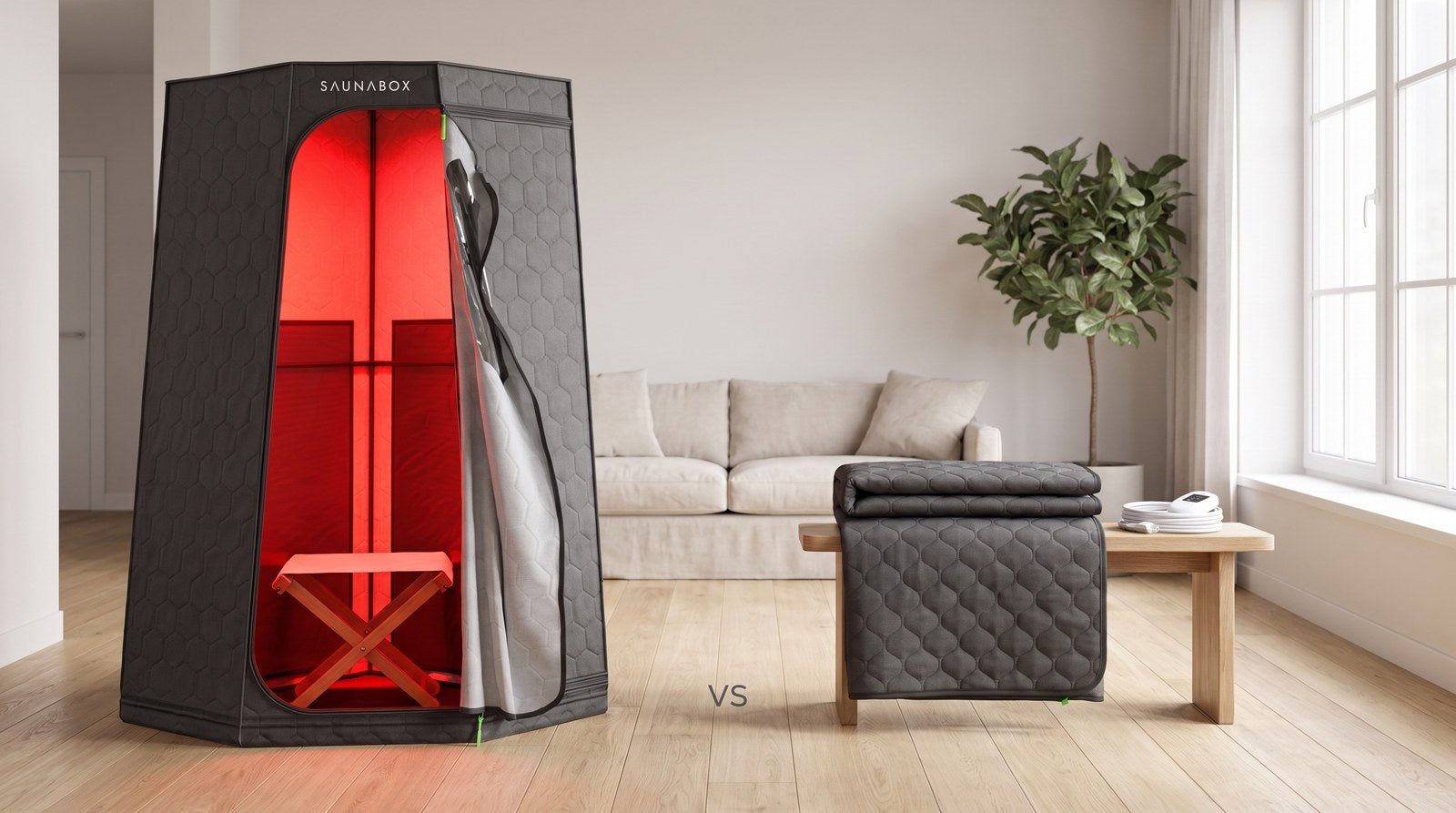 SaunaBox Pulse PRO portable sauna beside a folded infrared sauna blanket