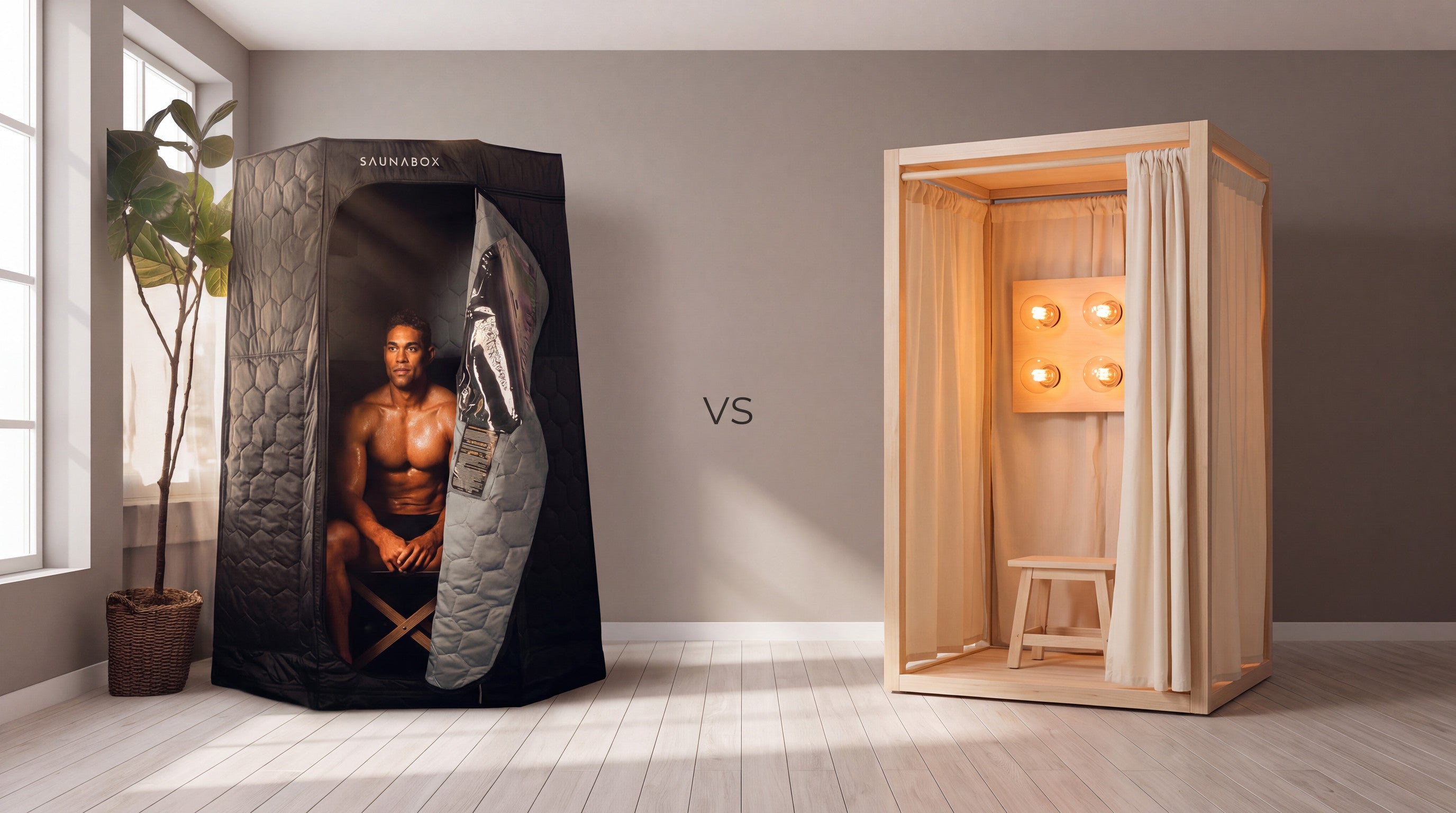 SaunaBox Pulse PRO next to the SaunaSpace FireLight near infrared sauna