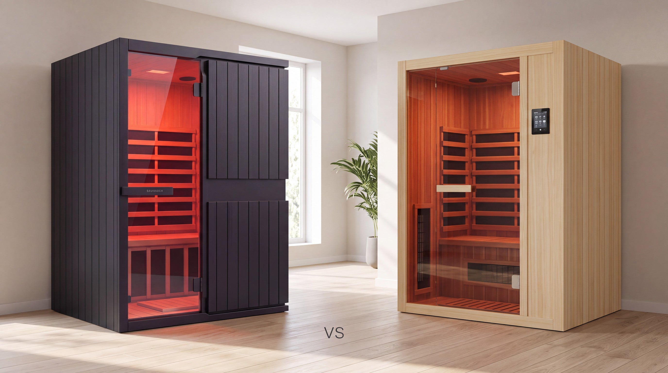 SaunaBox Solara 2-Person next to the Finnmark FD-2 two-person infrared sauna