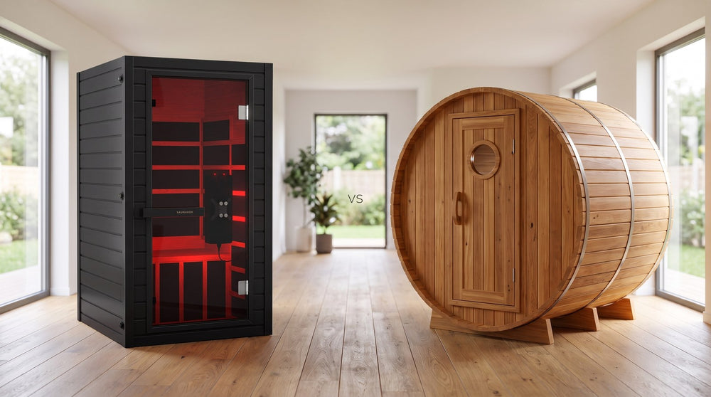 SaunaBox Solara 2-Person infrared cabin beside an Almost Heaven Salem cedar barrel sauna