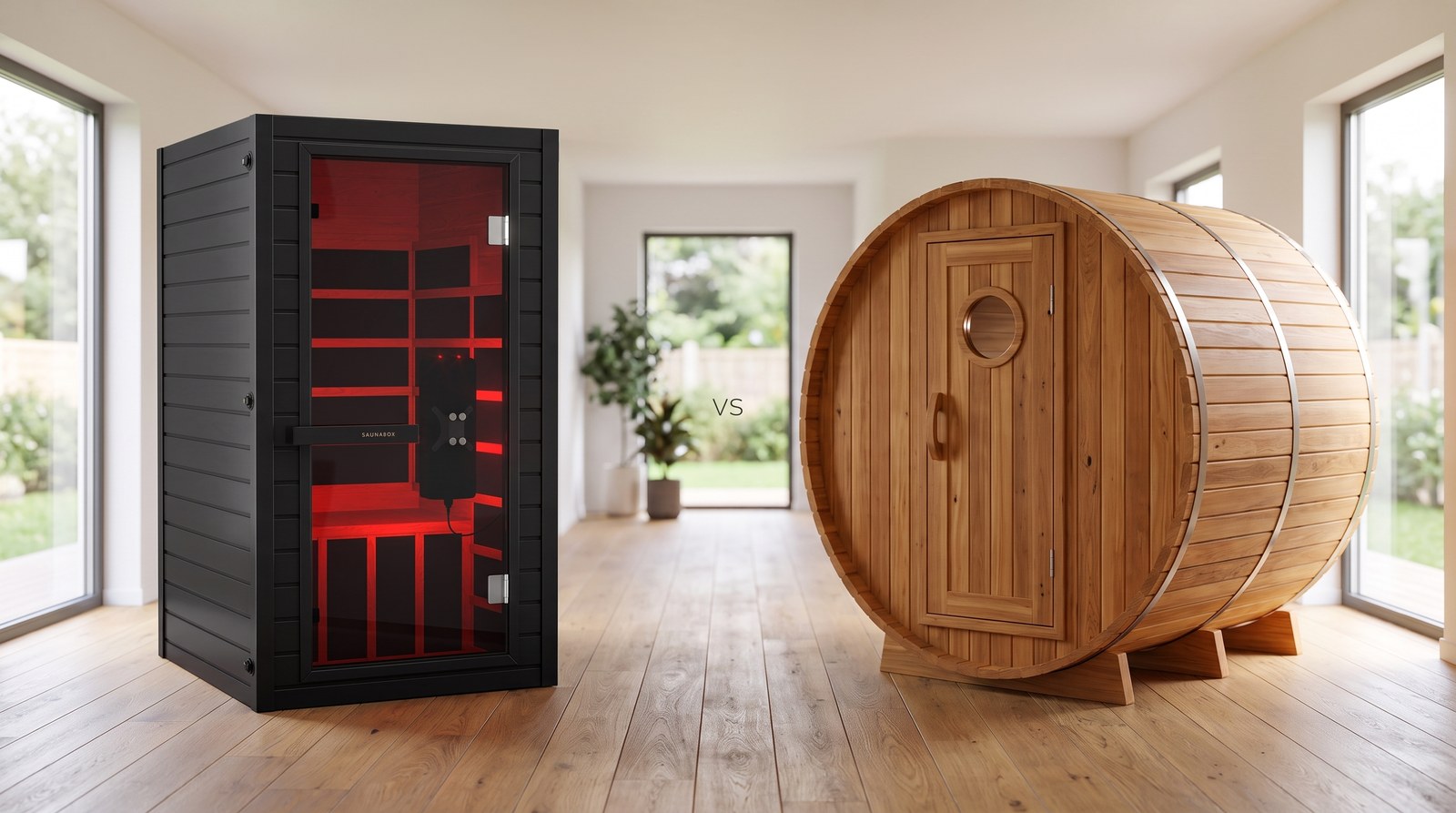 SaunaBox Solara 2-Person infrared cabin beside an Almost Heaven Salem cedar barrel sauna