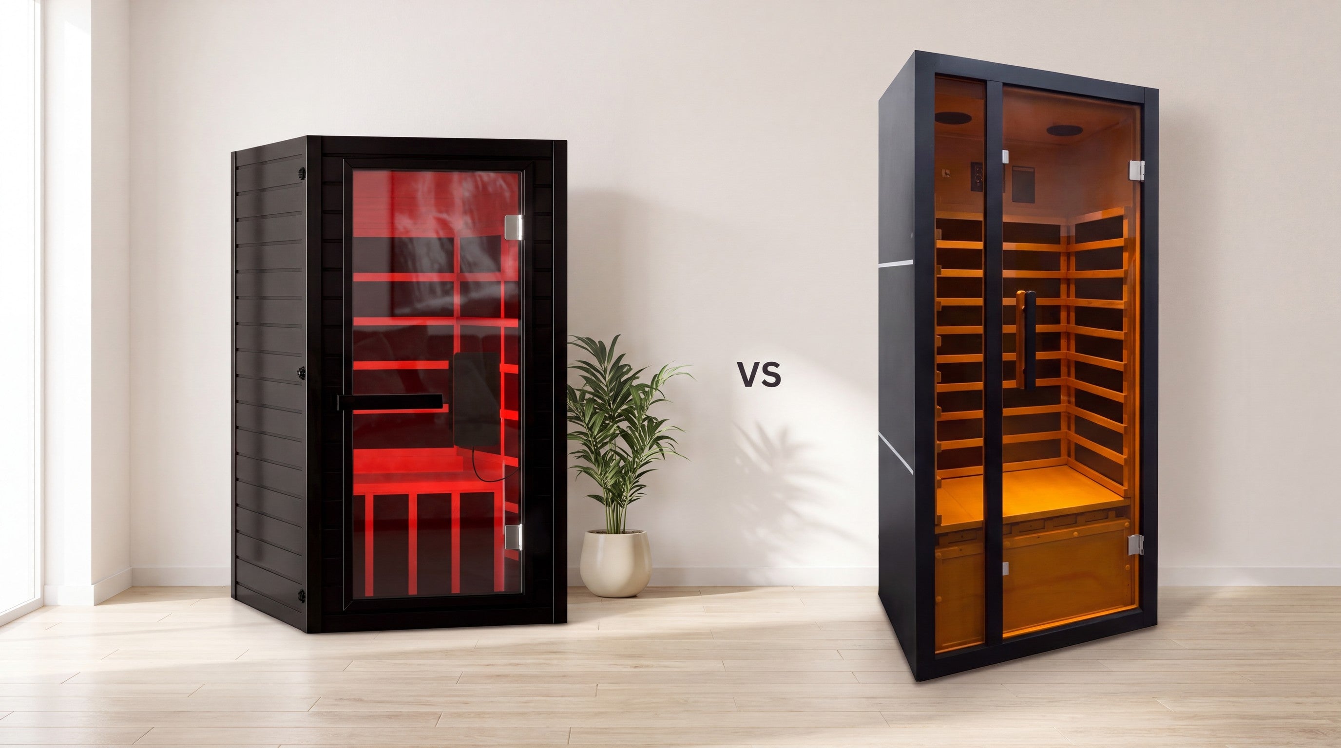 SaunaBox Solara one-person full spectrum infrared sauna beside the taller ALEKO Oasis one-person infrared sauna in a bright minimal room