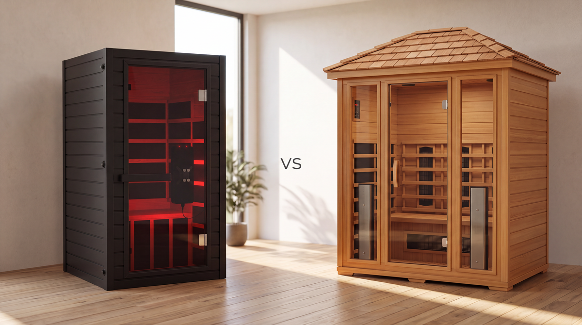 SaunaBox Solara one-person infrared sauna beside a larger two-person cedar infrared sauna cabin in a home interior