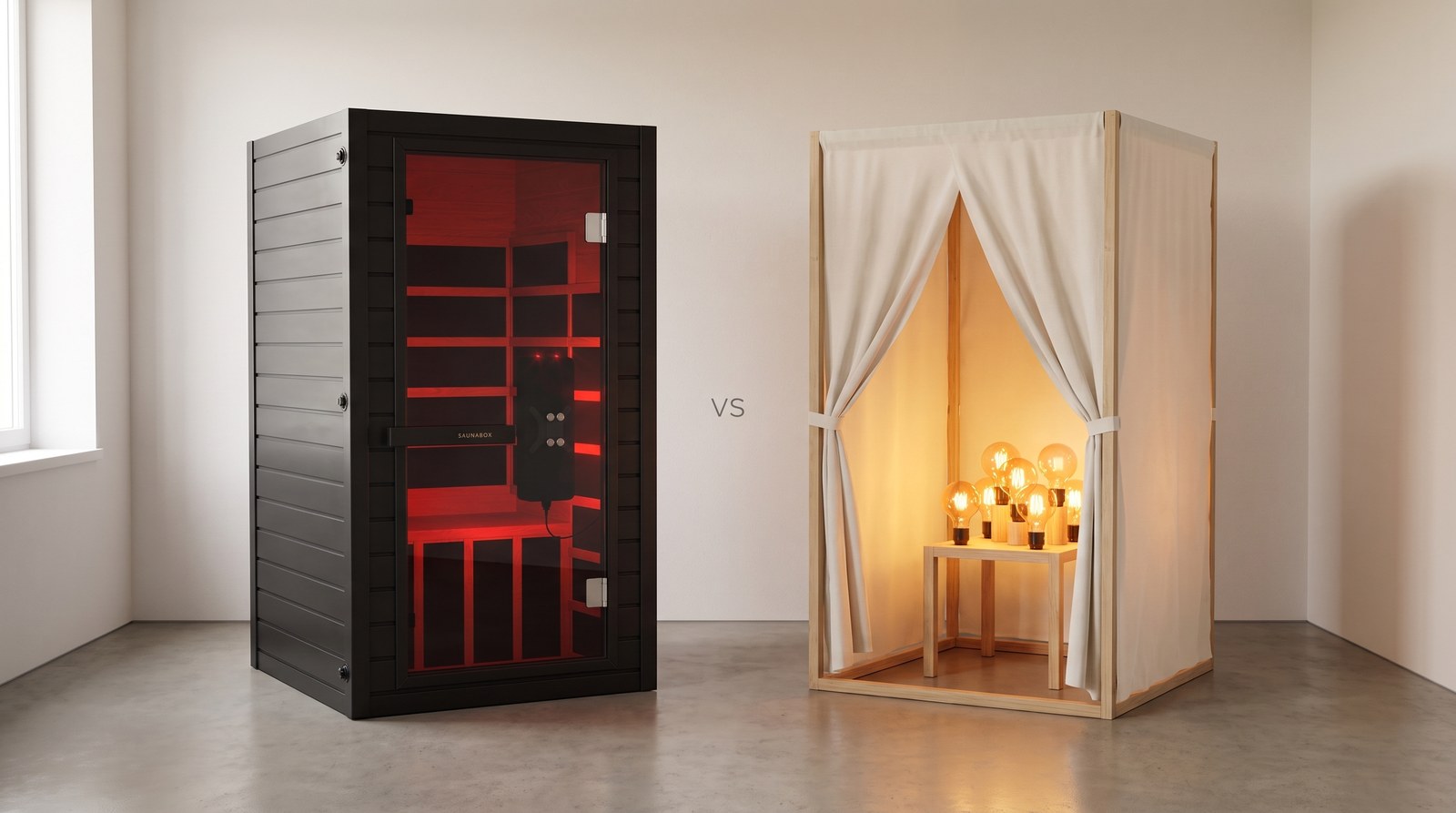 SaunaBox Solara infrared cabin beside a near-infrared incandescent lamp tent
