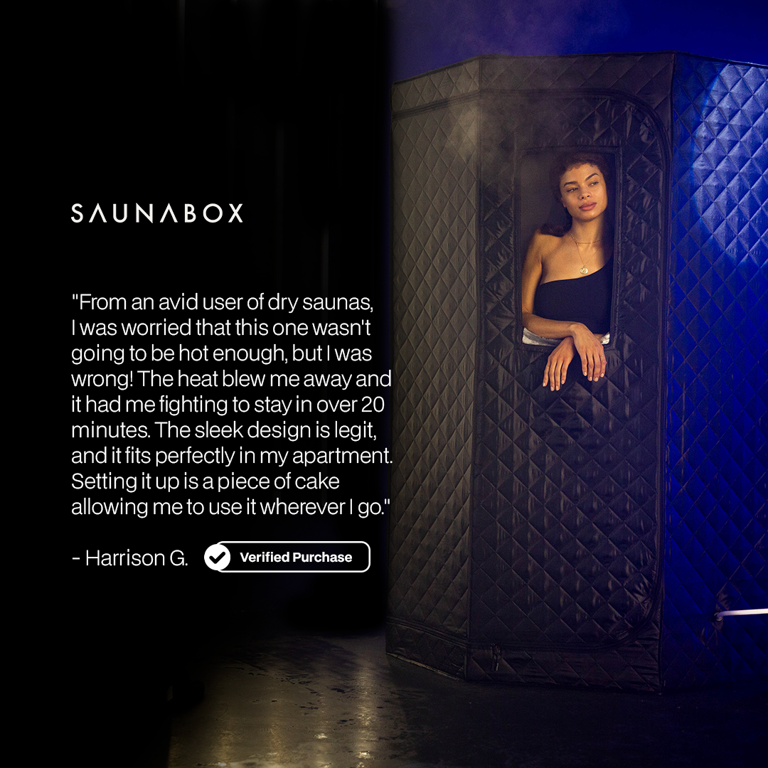 SaunaBox SmartSteam Pro With RLT session showing portable chair and complete kit setup