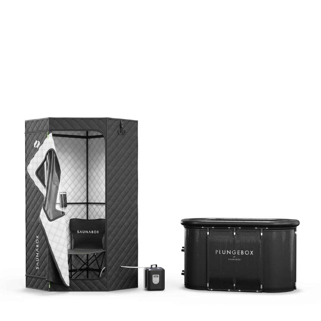 Recovery Bundle XL showing SaunaBox SmartSteam steam sauna and PlungeBox XL cold plunge tub side by side