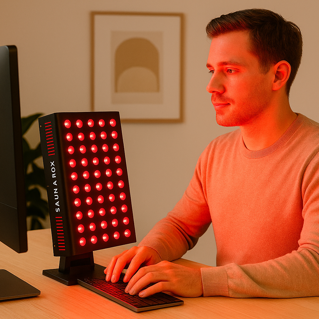 Person using a red light therapy device at a desk with a computer monitor.