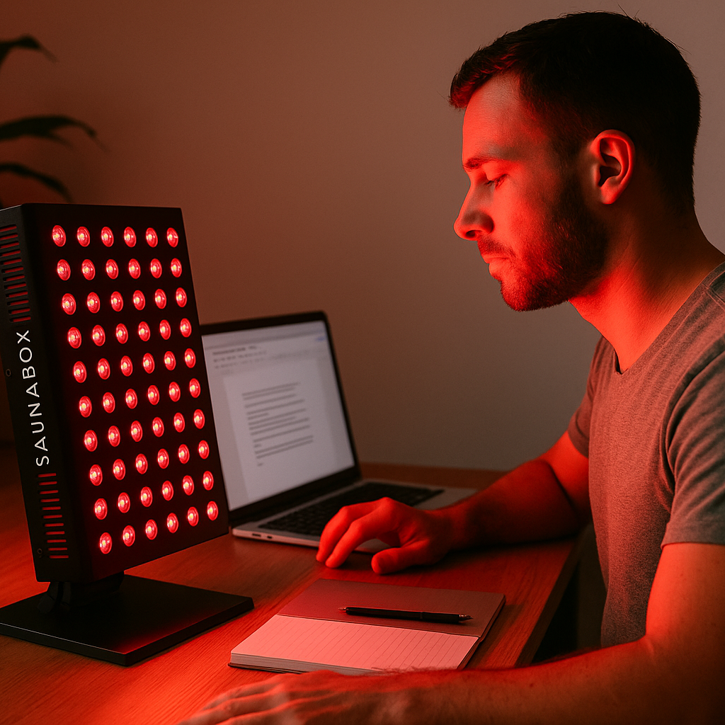 Person using a Sainnbox device on a desk with a laptop in a dimly lit room.