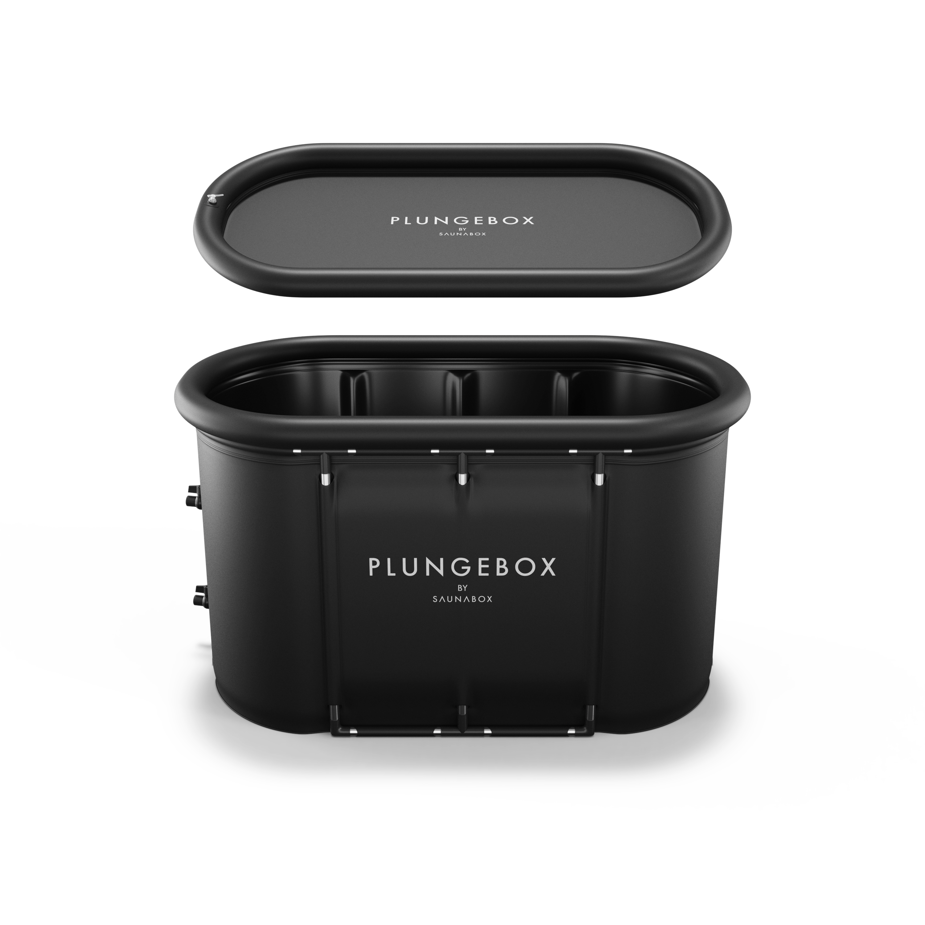 PlungeBox XL Lay-Flat Cold Tub showing athlete lying flat inside oval tub for full-body immersion
