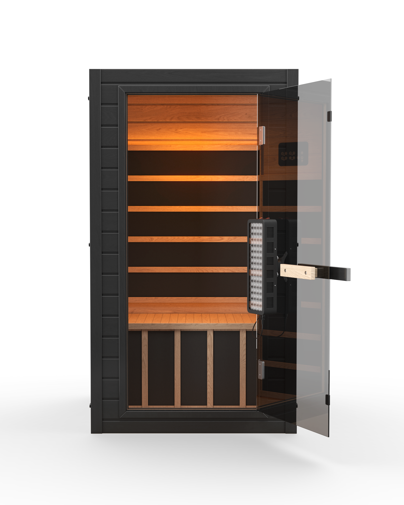 Infrared sauna with open door on a white background