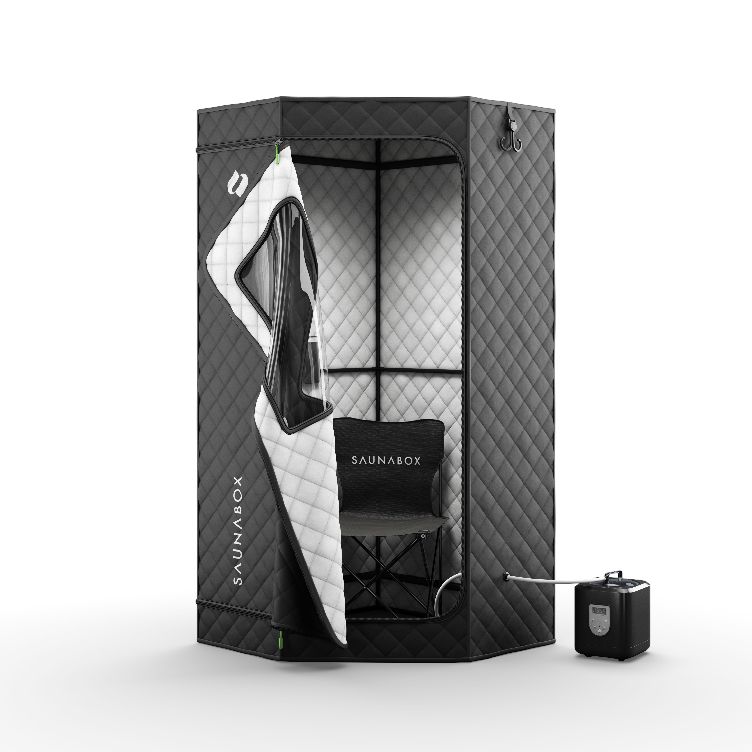 SaunaBox SmartSteam portable steam sauna fully assembled showing tent and SmartSteam heating unit