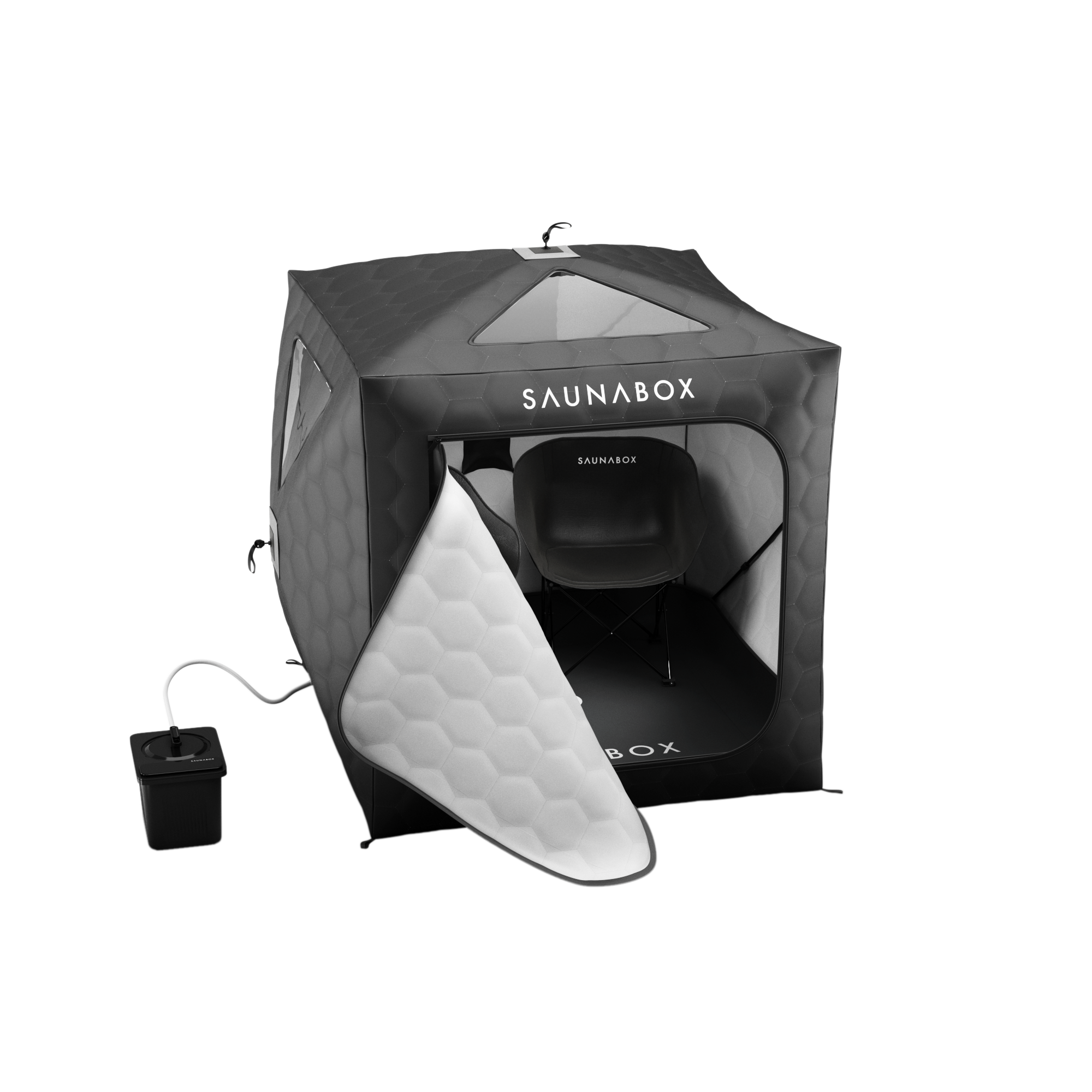 SaunaBox SmartSteam XL pop-up tent fully deployed showing fiberglass frame structure