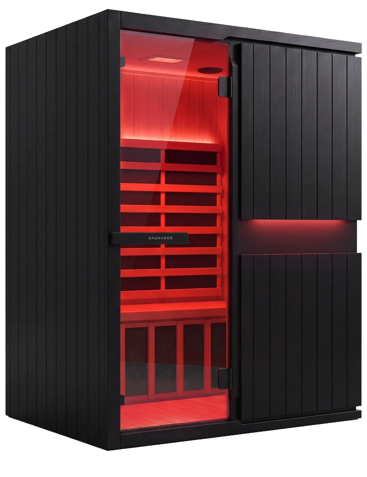 SaunaBox Solara 2-Person infrared sauna with red light on