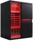 SaunaBox Solara 2-Person infrared sauna with red light on