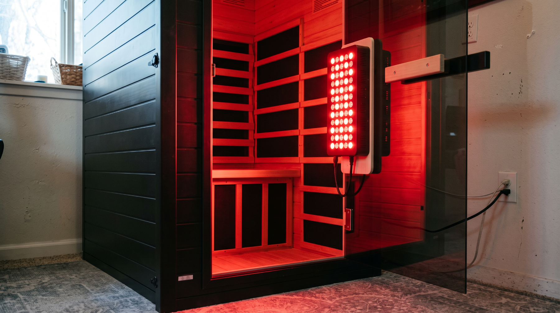 SaunaBox Solara infrared sauna with the red light panel lit inside the open door