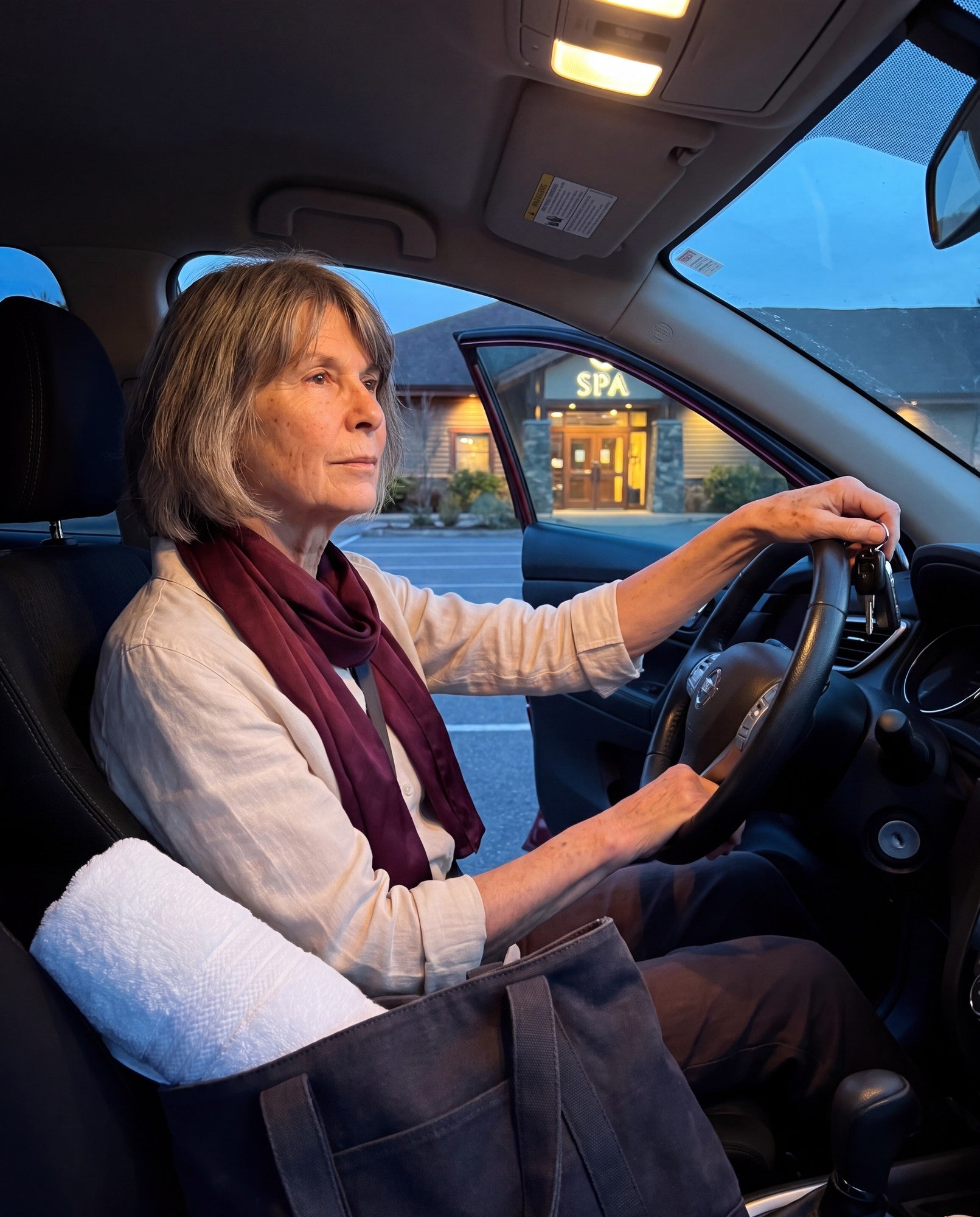 Woman in her 50s in her car at night, packing a towel and tote bag after the spa