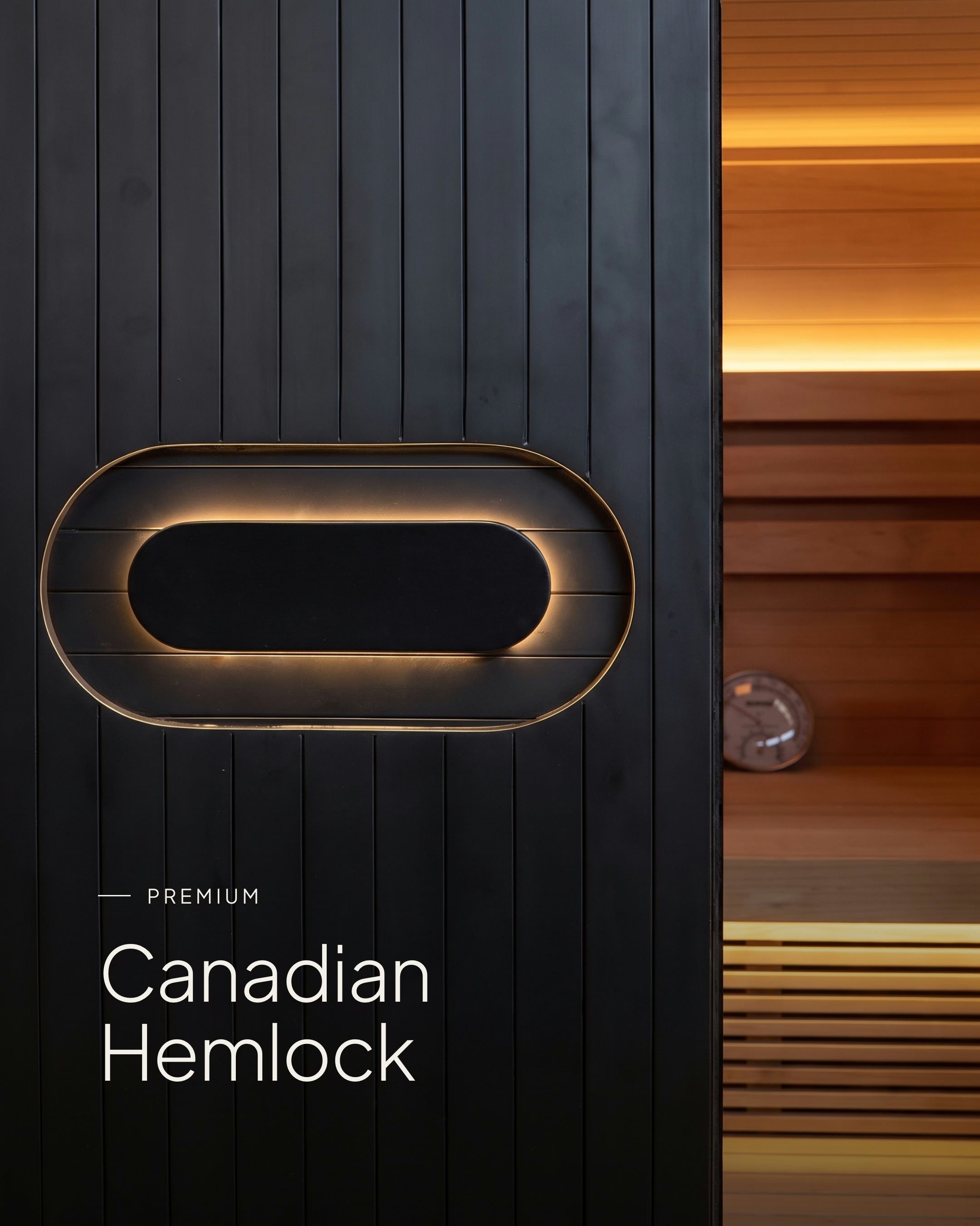 The Forge door handle, lit, with the Hemlock interior behind the glass