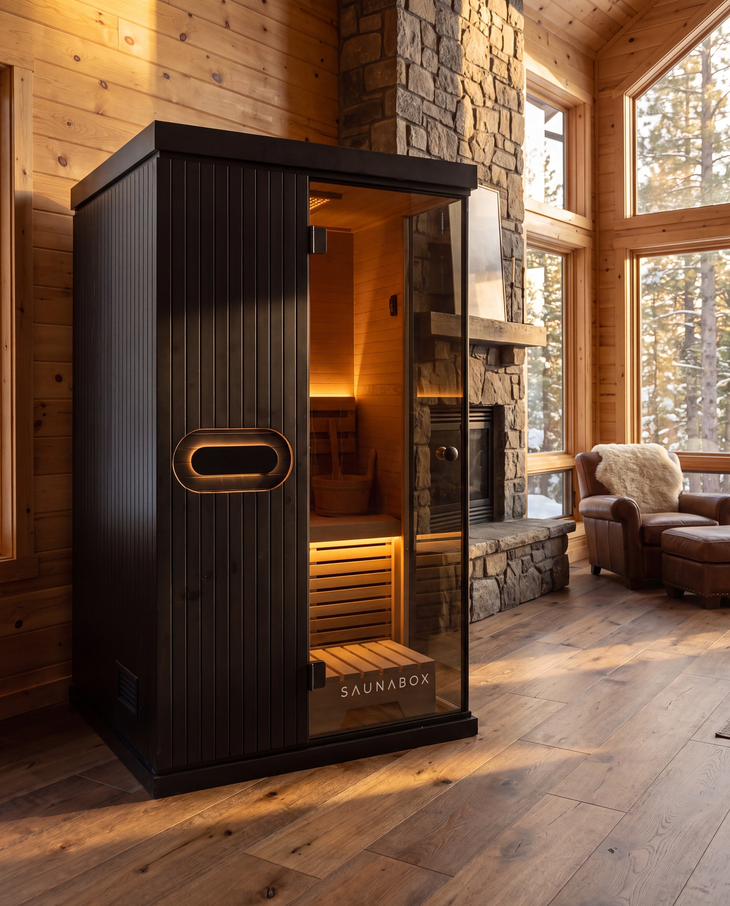 The Forge Indoor in a warm wood cabin living room