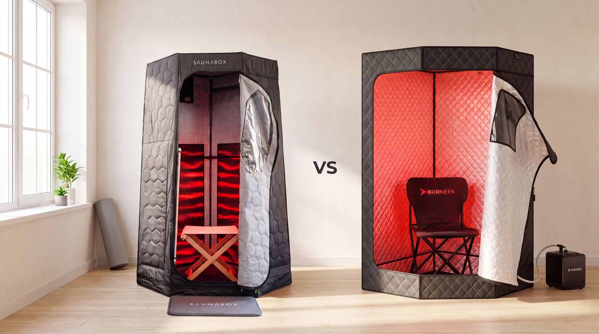 SaunaBox Pulse PRO and Burneek HALO Sauna Gen 2 portable saunas side by side in a home gym