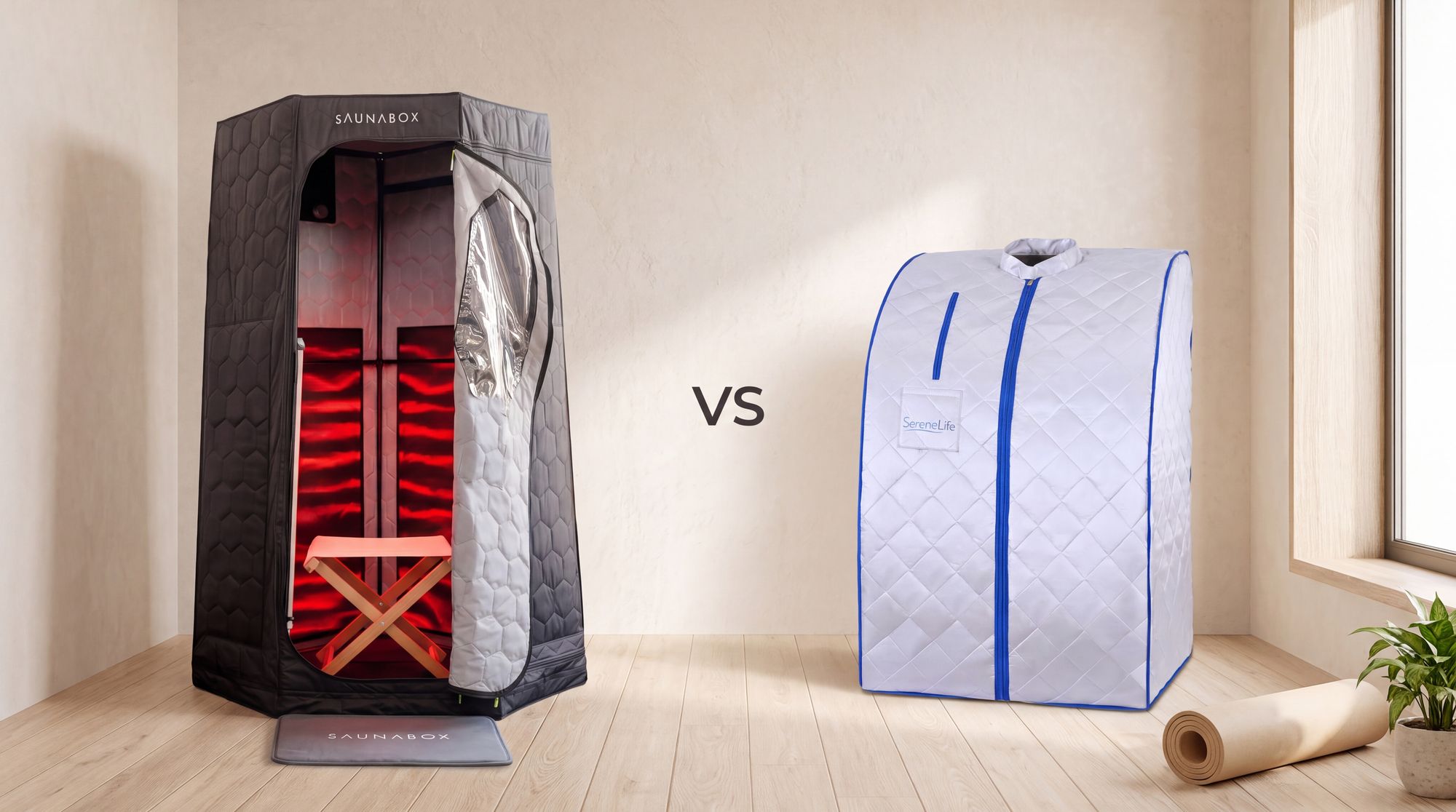 SaunaBox Pulse PRO next to the SereneLife portable infrared sauna in a home gym