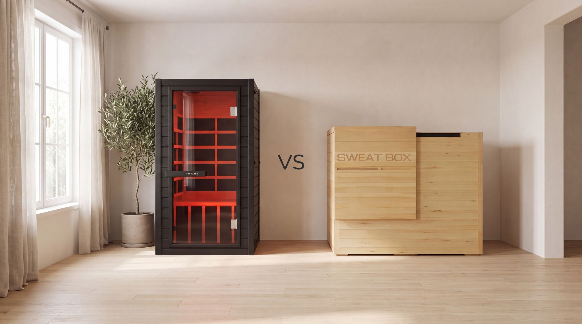 SaunaBox Solara infrared sauna next to a Sweat Box infrared sauna in a bright room