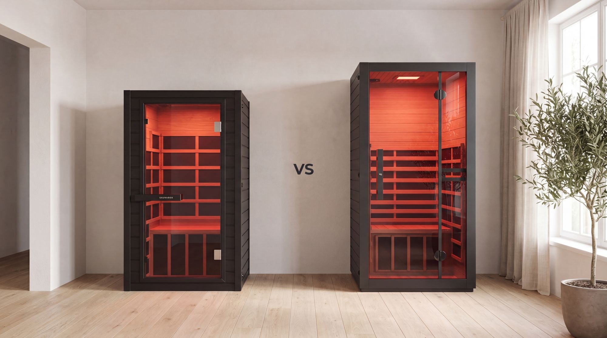SaunaBox Solara 1-person infrared sauna next to the VITAL+ XEN Full Spectrum Infrared Sauna in a bright living space